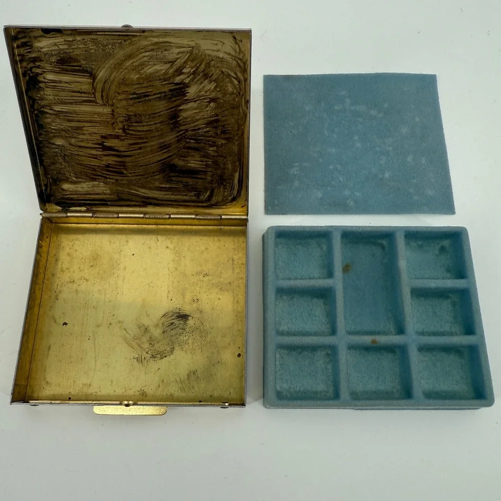 Vintage Gold Tone Floral Cameo Pill Trinket Box Blue Velvet Interior 1950s